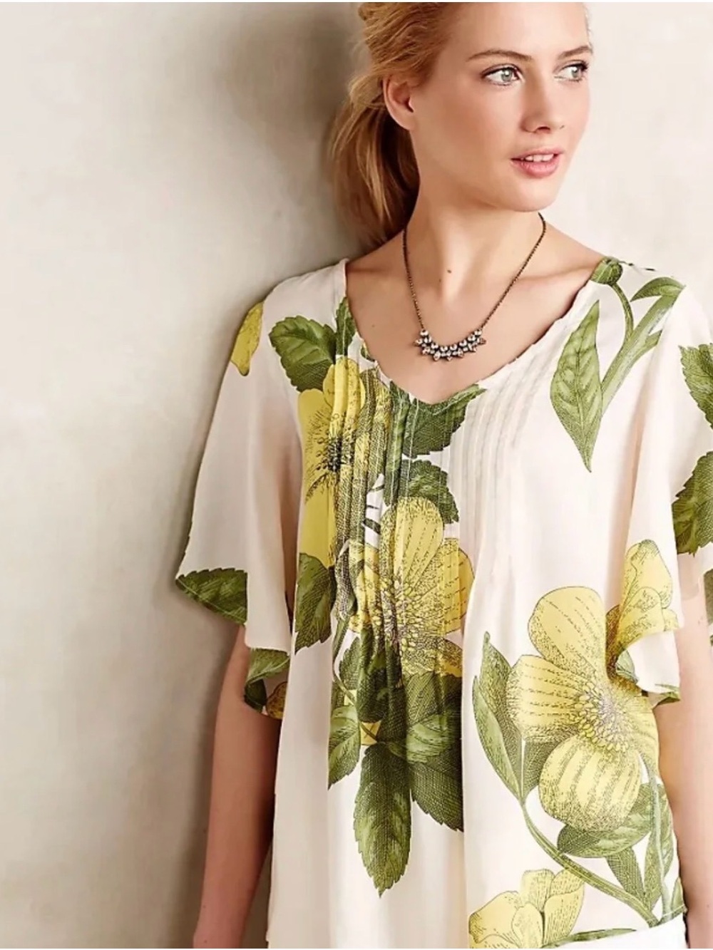 Anthropologie Maeve Flutter SleeveBlouse with Yellow and Green Floral Motif